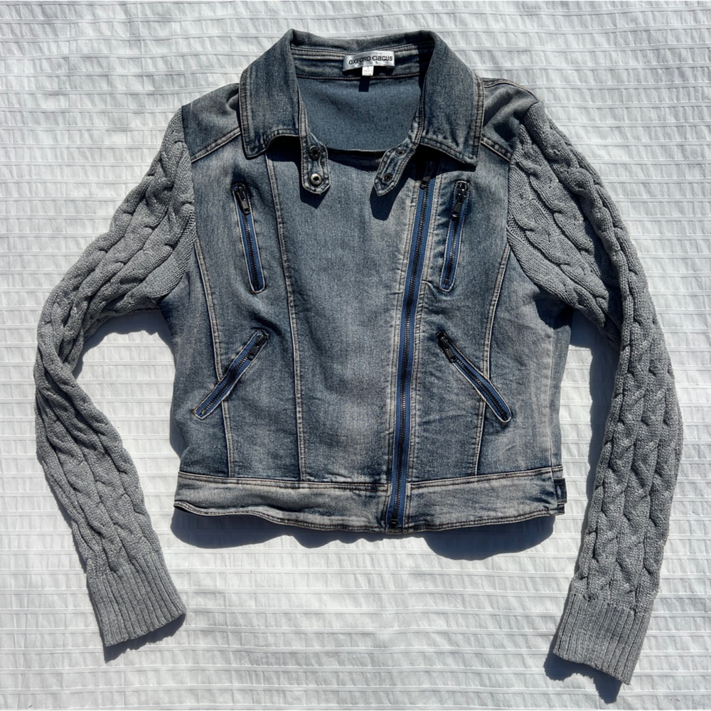 Y2K Oxford Circus Cropped Denim Moto Jacket with Cable Knit Sleeves, S